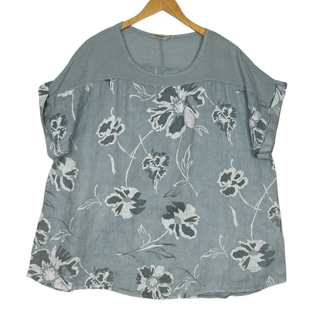 Lungo L'Arno Made In Italy 100% Linen Top Women's 2X Blue Floral Short Sleeve